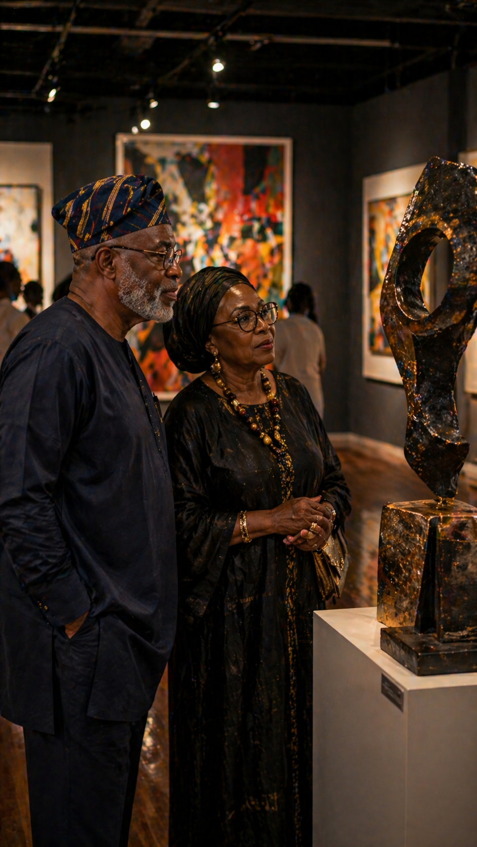 People viewing artwork at a Lagos gallery opening
