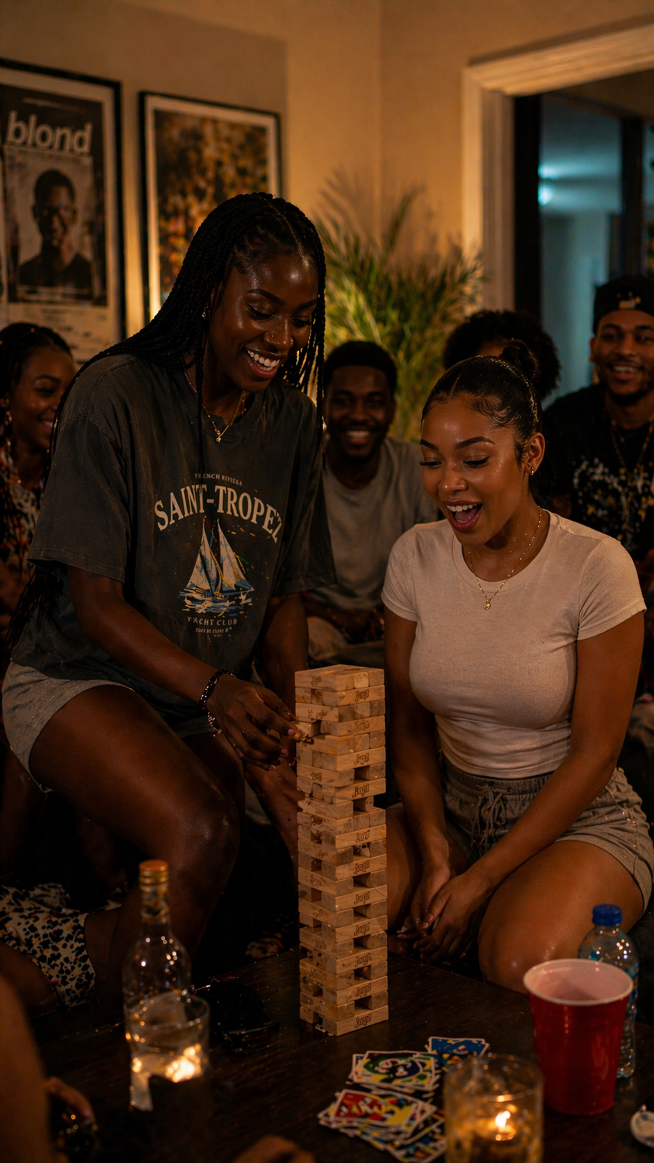 Friends playing Jenga at a community game night in Lagos