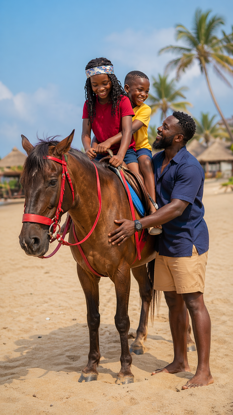 Two kids on a horse at the beach in Lagos with their dad smiling beside them