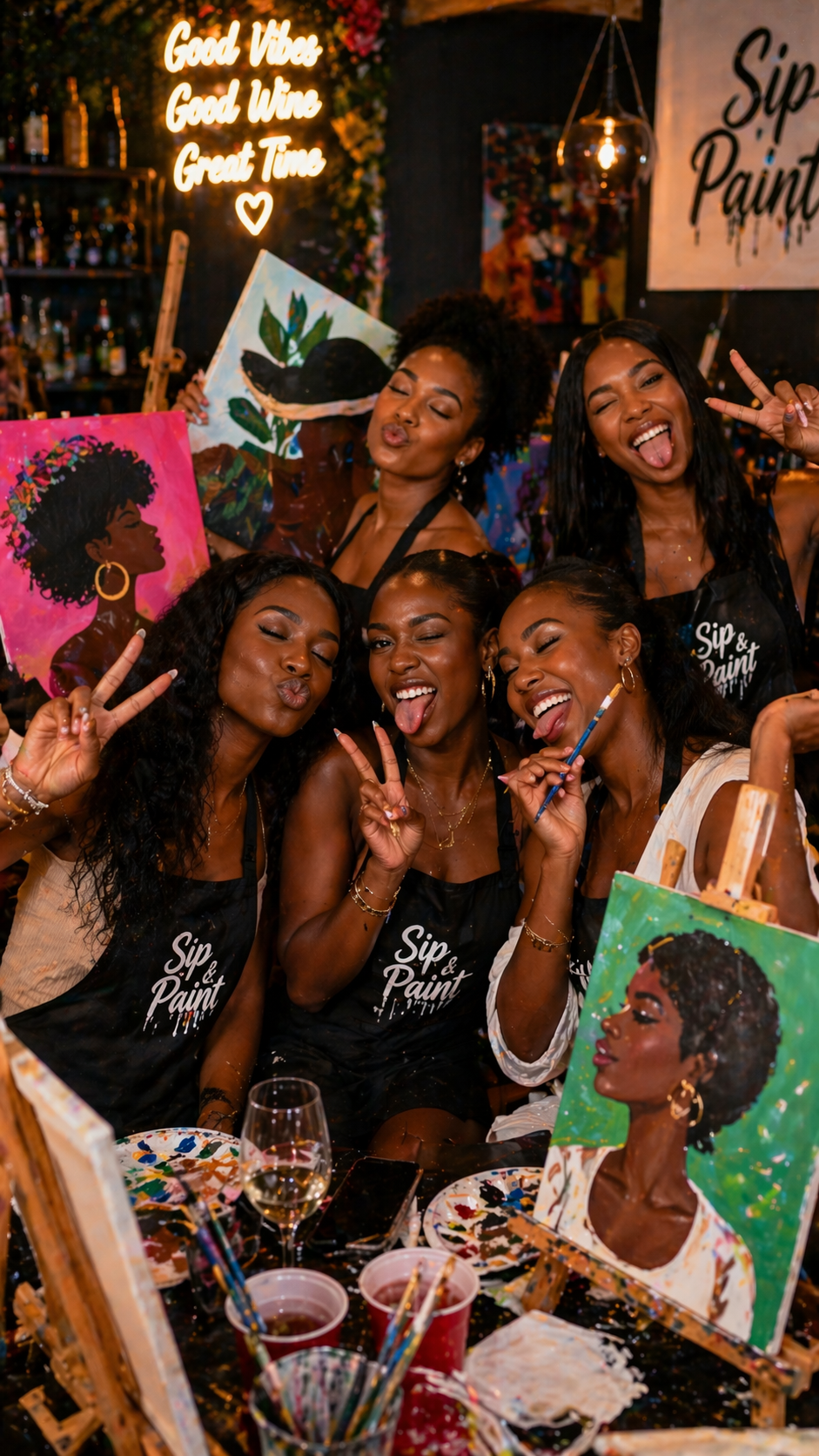 Friends painting and sipping wine at a Sip & Paint night in Lagos