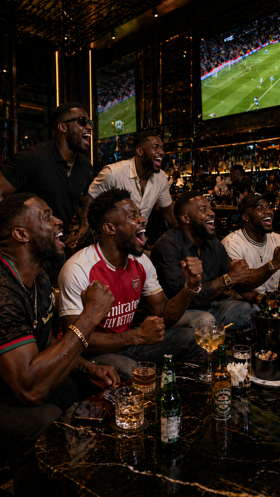 Crowd cheering at a sports viewing party in Lagos